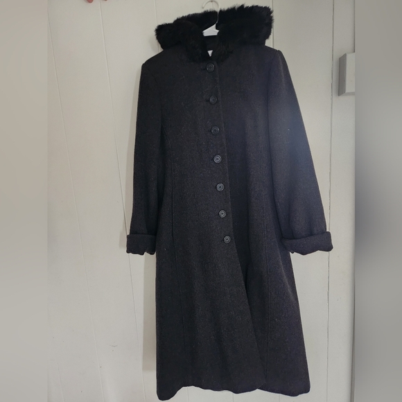 Worthington Long Wool Womens Trench Coat 10 P Rabbit Fur Trim Hooded Gray Vtg - Picture 6 of 15